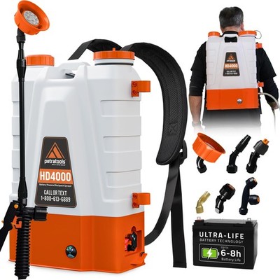 PetraTools Battery Powered Backpack Sprayer 4 Gallon HD4000, White and Orange 