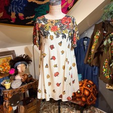 UO Kimchi Blue Y2K Floral Print Open Back Mini Dress Cream Red Yellow Size S