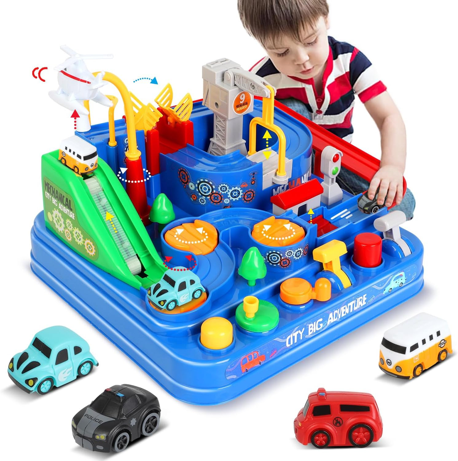 TODARRUN Car Race Track Toy for Boys Girls Age 3-6, Car Adventure Playset 6 Inte