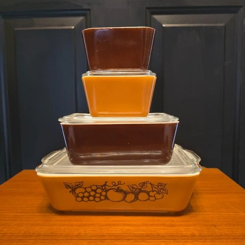 PYREX - 7 pc. Brown, Gold, Fruit OLD ORCHARD Refrigerator, Lid Set