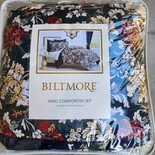 BILTMORE KING Sz Cotton Comforter Set Green Floral Botanical 3pc Bedding