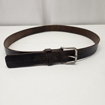 Vtg Black Leather Distressed Western Belt Brass Buckle Unisex 34-38'' Large