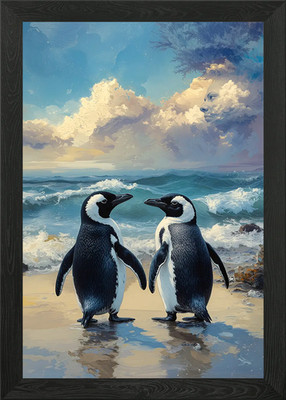 Zwei Pinguine am Strand Gemälde gerahmt Wandbild Poster Leinwanddruck Bild