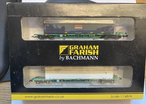 N GAUGE MIXED PAIR GRAHAM FARISH 377-351A INTERMODAL  WAGONS 45' CONTAINERS AXIS