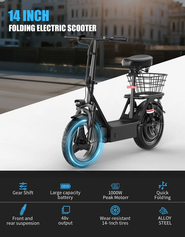 Scooter elétrico adulto AZHAR com assento dobrável 1000W 13Ah bateria 25mph - Imagem 4 de 4