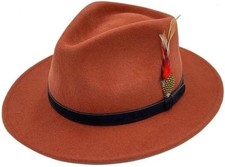 Mens Ladies Fedora Hat Wide Brim 100% Wool Handmade Feather Hats Adjustable Band