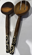 Hand-Carved WOOD SALAD SERVING SET - WITH BONE HANDLES