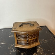 VINTAGE SET OF 8 WOOD CORK COASTERS W/ DARK BROWN CABINET STORAGE BOX CADDY