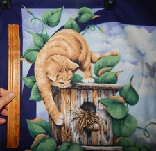 cat cotton quilt fabric panel floral garden kitten bird tree tabby  35 x 44