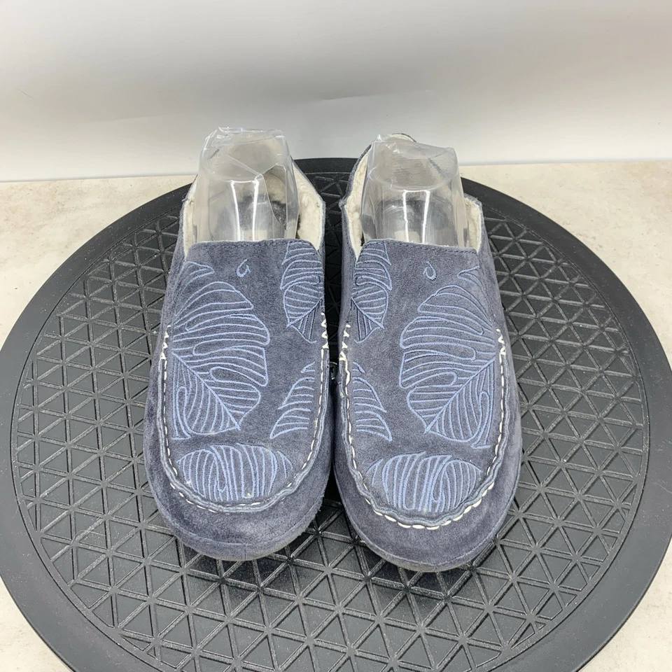 Olukai Nohea Shoes Women Size 9 Slippers Blue Leather Shearling Lined Loafers - Image 3 of 4