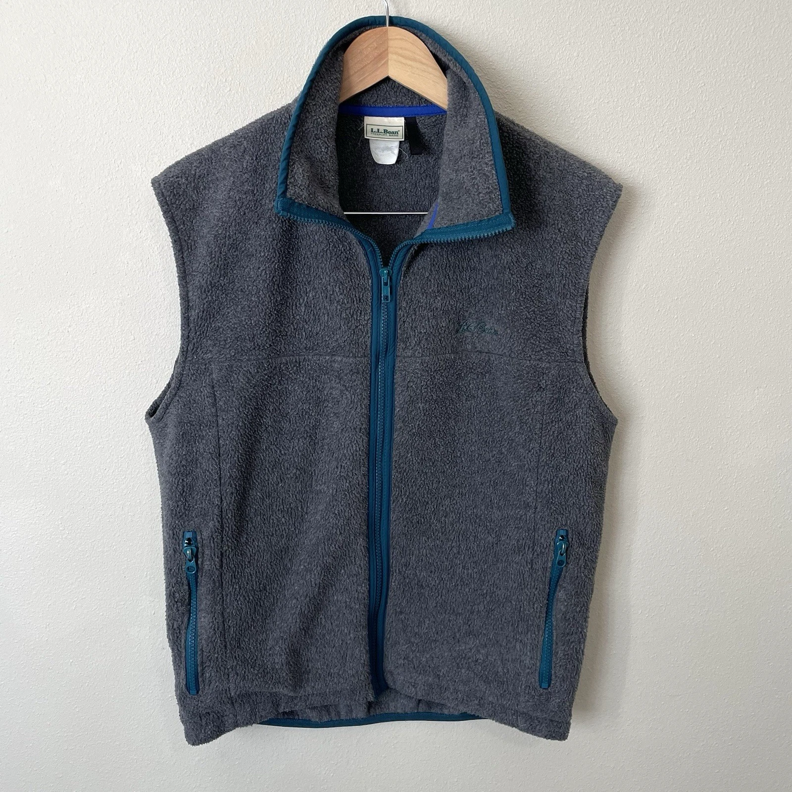 Vintage LL Bean Mens L Grey Teal Fleece Vest Jacket USA Made *See Measurements