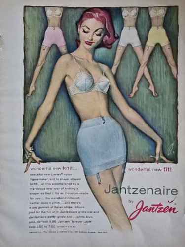 1956 Redhead Women's Jantzen Jantzenaire Blue Girdle Bra Vintage Fashion Art Ad