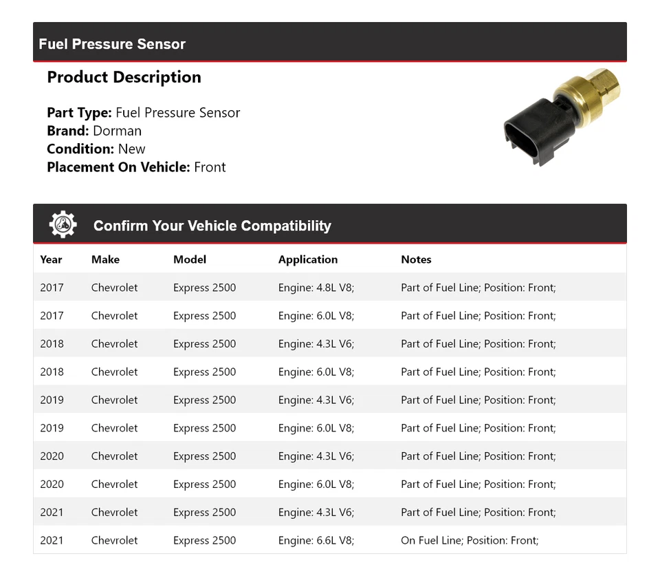 For 2017-2021 Chevrolet Express 2500 Dorman Fuel Pressure Sensor Front 2018 2019 - Image 2 of 4