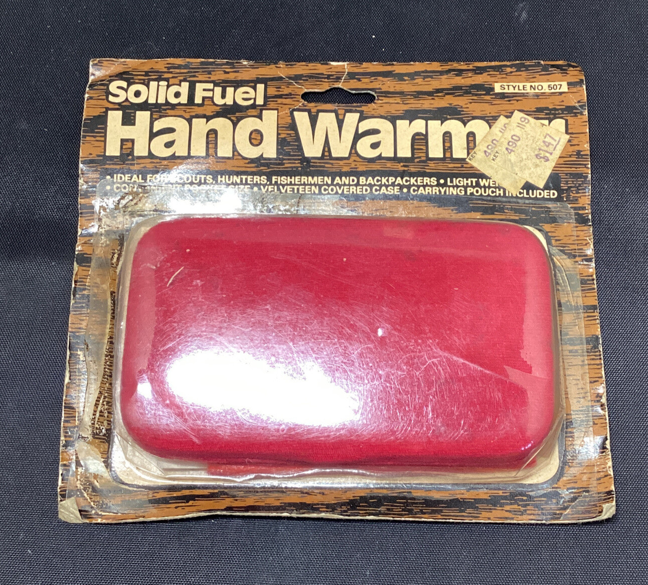 VINTAGE Hand Warmer Solid Fuel Pocket Long Burning Velvet Cover New!