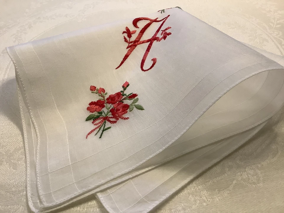 #7155🌟Vintage 40s CHRISTMAS RED SATIN Monogram “A” Handkerchief🎁Great Gift - Image 2 of 4