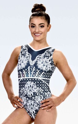 New GK Elite LEOTARD Gymnastics BLOOMING BEAUTY Silver SEQUIN Bling TANK Leo AS
