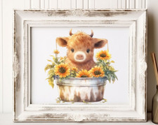 Cow Art Print, Highland Cow and Sunflowers Art Print, Farmhouse Wall Art Decor