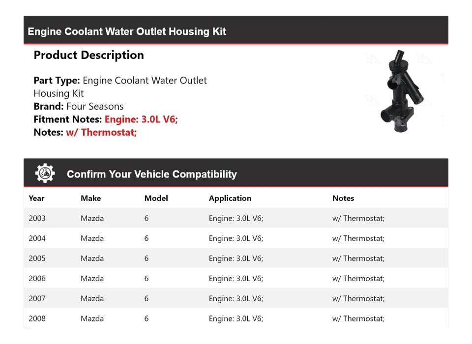 Kit de carcasa de salida de agua refrigerante motor V6 3,0 L para Mazda 6 2003-2008 4 estaciones Foto 2 de 4