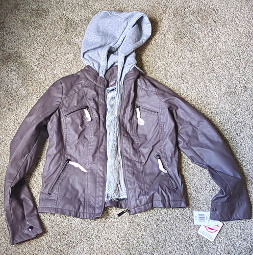 Joujou Faux Leather Hooded Faux Fur Lined Jacket Charcoal Gray M Biker 084