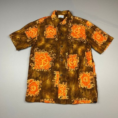 VTG Andrade Honolulu Button Up Shirt Mens S Brown Orange Batik Hawaii Loop Camp