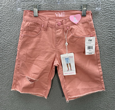 YMI Shorts Girls 8 Pink Bike Short Raw Hem Stretch Distressed Denim Preppy NEW