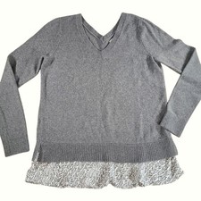 Loft Heather Green V Neck Sweater Layered Look Merino Wool Blend Women's M NWT