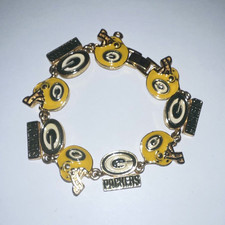 Green Bay Packers NFL Charm Bracelet Gold/Green Helmet  "PACKERS" Dangle Charms