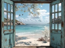 Paint by Numbers for Adults and Kids Beginner, Blue Coastal Windows Sea YH02110