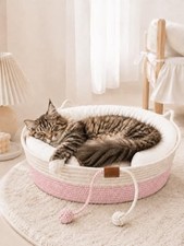 Handwoven Cat Bed for Indoor Cats, 18 Inch Round Low-Entry Cat Basket Bed Pink