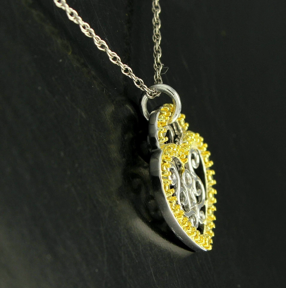 Collar Colgante Llave Corazón Amarillo Diamante Real Chapado en Oro Blanco 14K Esterlg 18" Foto 2 de 4