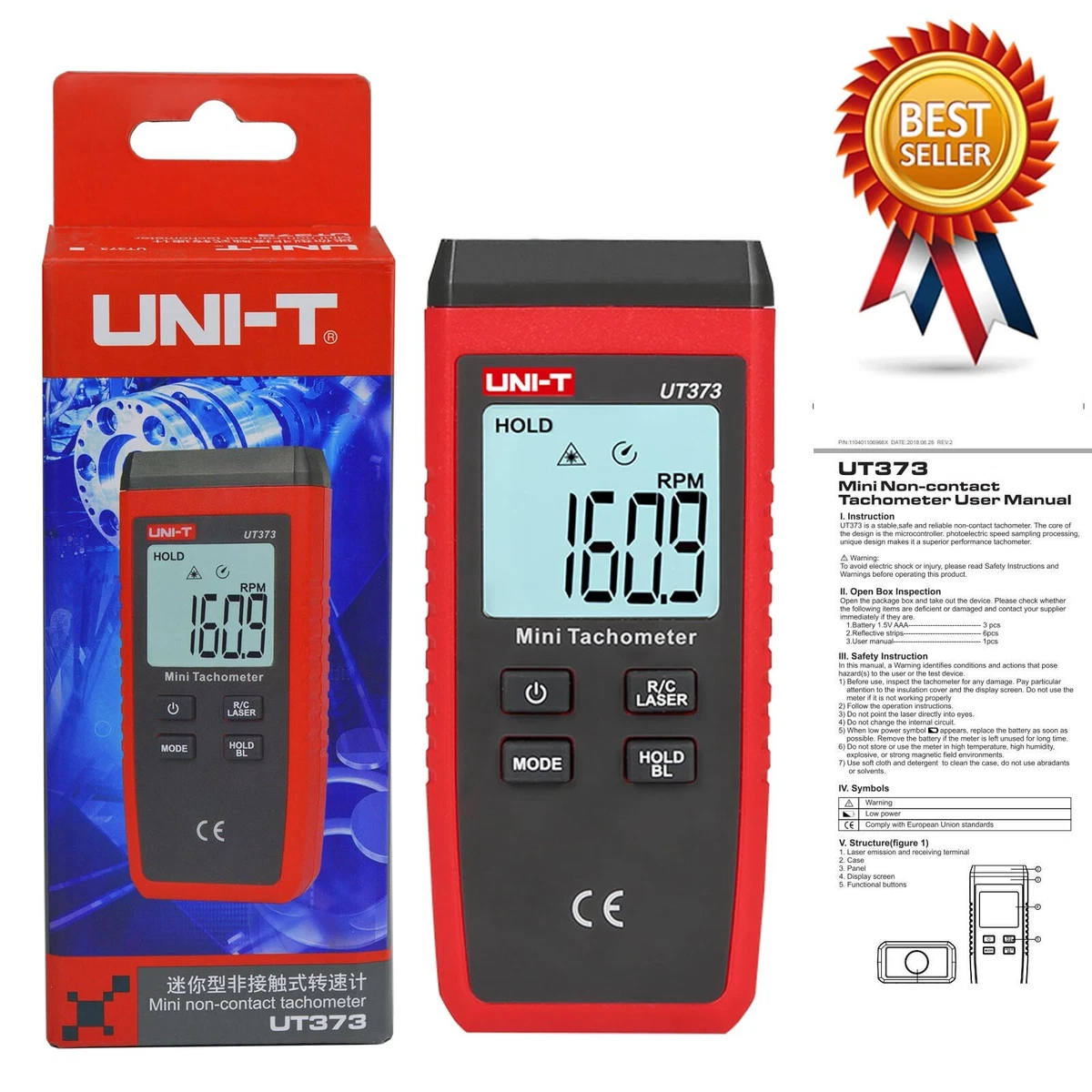 A●UNI-T UT373 LCD Digital Mini Non-contact Laser Tachometer RPM Speed Tester