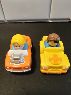Fisher Price Wheelies Lot of 2 Eddie in Orange Car/Koby In Yellow Jeep Car