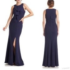 New JS Collections Leona Bow Detail Maxi Dress Gown Slit Navy Blue Sz 4