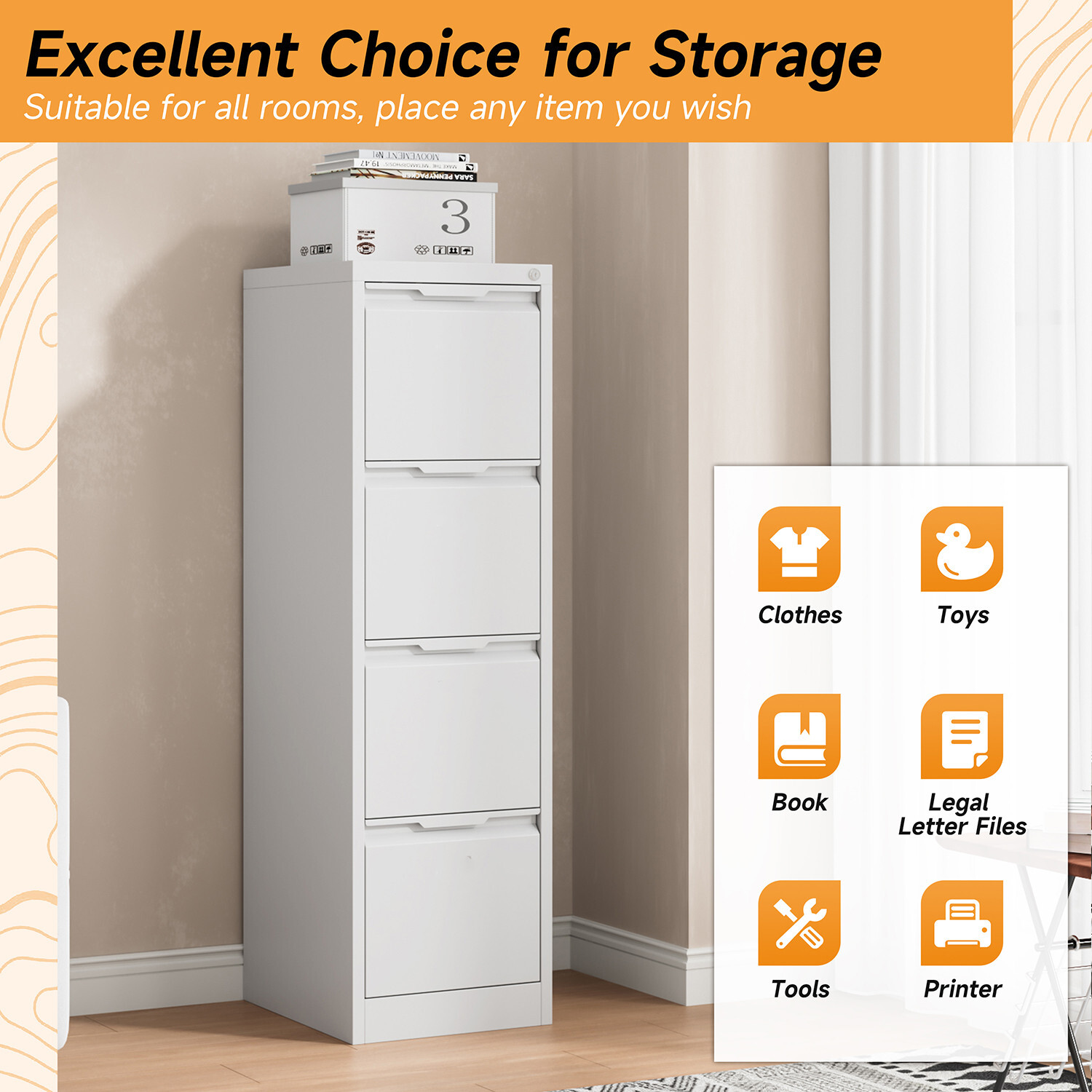 Metal Vertical Filing Cabinet,Lockable 4 Drawer Vertical Storage Cabinet Flat 