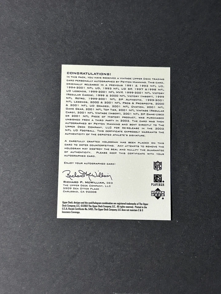 2000 UD Reserve Peyton Manning Buyback Auto #/6 Card #63 - Indianapolis Colts - Image 4 of 4