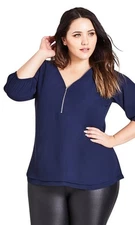NWT City Chic Sexy Fling Elbow Sleeve Top Size S US 16 Navy Blue Layered V-Neck
