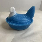 Westmoreland Lt Blue Milk Glass Hen On Nest In Basket VTG HON Slag Lay Eggs Dish