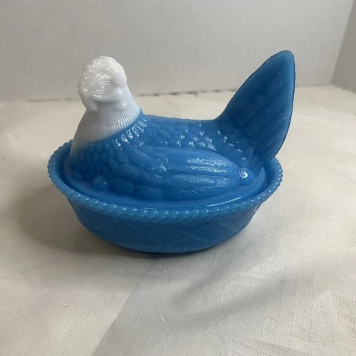 Westmoreland Lt Blue Milk Glass Hen On Nest In Basket VTG HON Slag Lay Eggs Dish