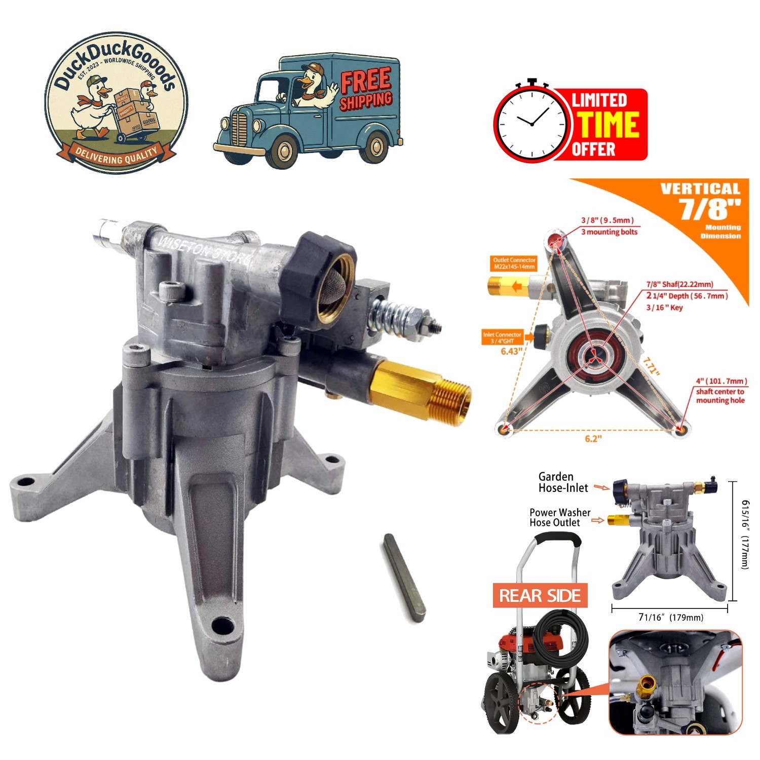 Efficient 2.5 GPM Pressure Washer Replacement Pump - 7/8'' Shaft Compatibility