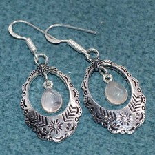 925 Silver Plated Top Quality Rose Quartz Earrings 1.9" Bridal Jewelry Trendy GW