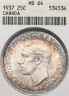 1937 25C ANACS MS64 Canada Silver Quarter Toned Old Soapbox Holder