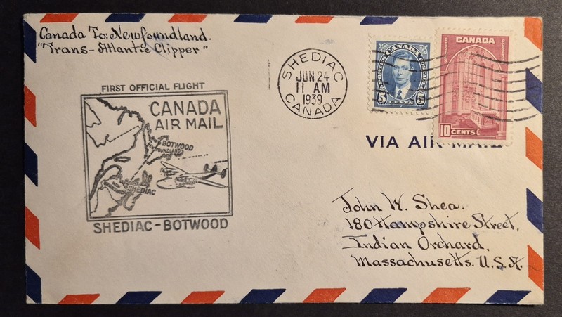 1939 First Flight Shediac NB Botwood Newfoundland FAM 18 F18-11a Air Mail Cover