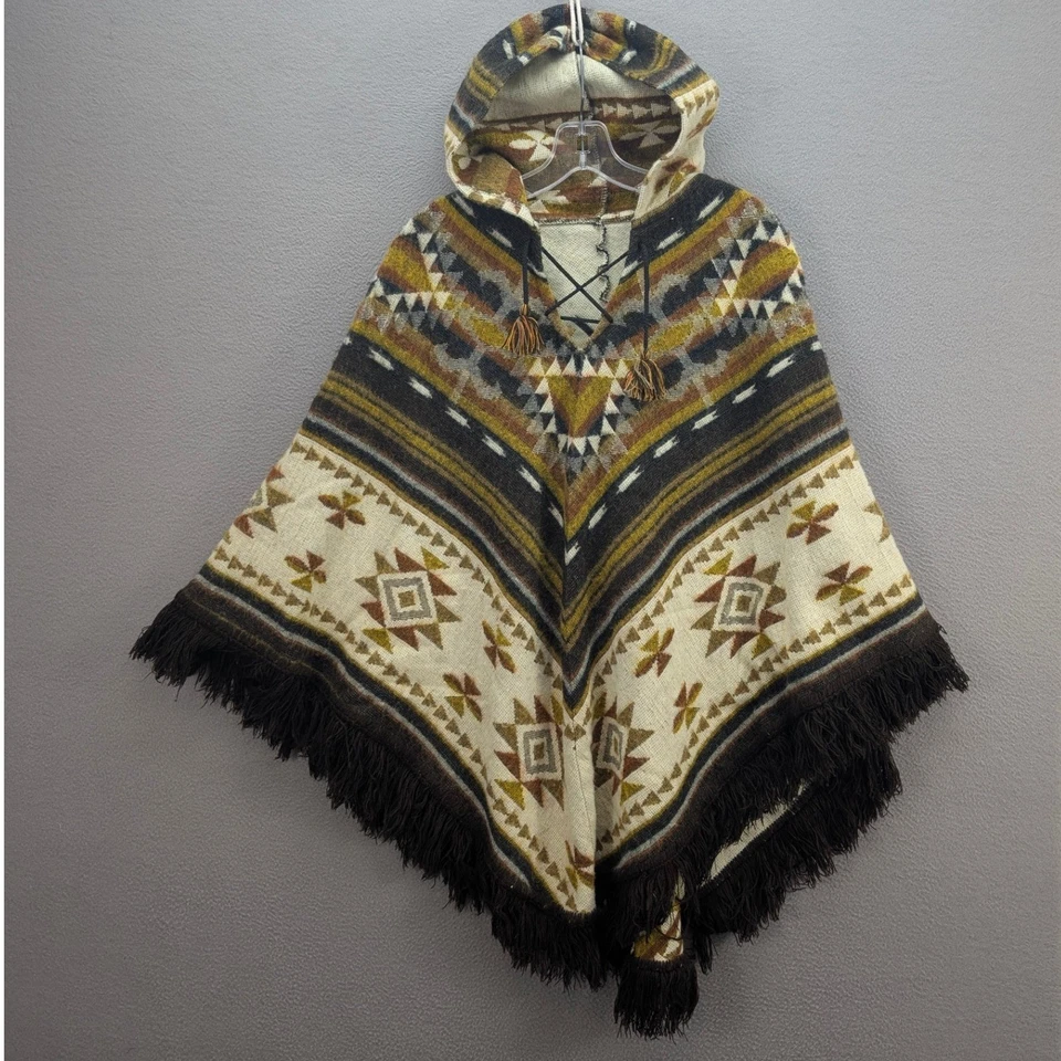 Vtg Southwestern Hooded Poncho Fringe Aztec Tribal Pattern Bohemian Boho Chic - Image 2 of 4
