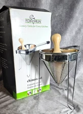 Fox Run Chinois Strainer Set Stainless Steel Wooden Pestle Stand 3-Piece CLEAN
