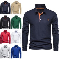 Mens Formal Polo Shirts Button Long Sleeve T-Shirts Pullover Casual Tops Blouse