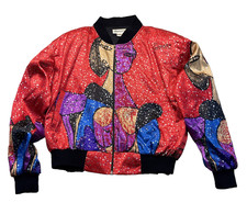 VTG Picasso Silk Graphic Bomber Jacket 1990s Colorful Shiny Full Zip Art Size 5