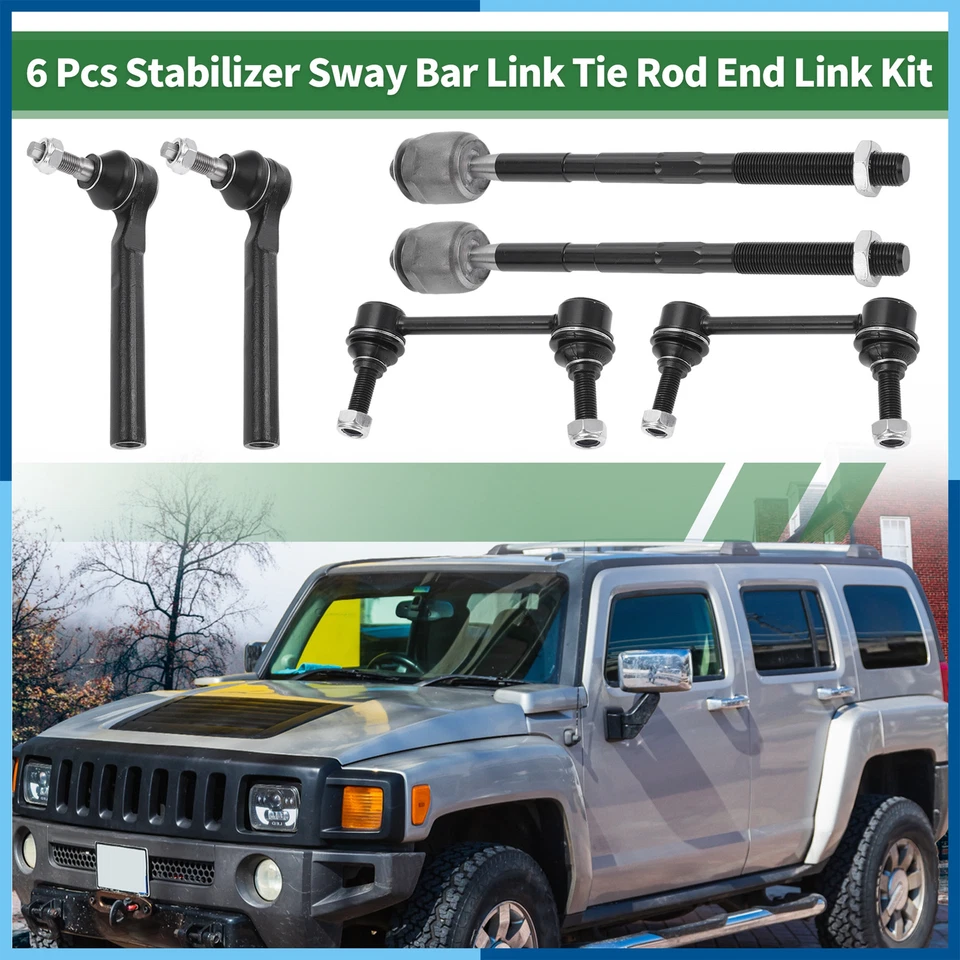 6Pc Front Suspension Kit Outer Inner Tie Rod Ends Sway Bar Link for Hummer H3 - Image 2 of 4