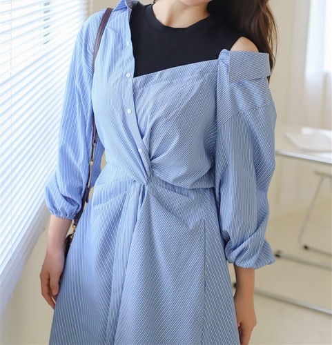 AUTH Maje STRIPED SHIRT DRESS Sky Blue 