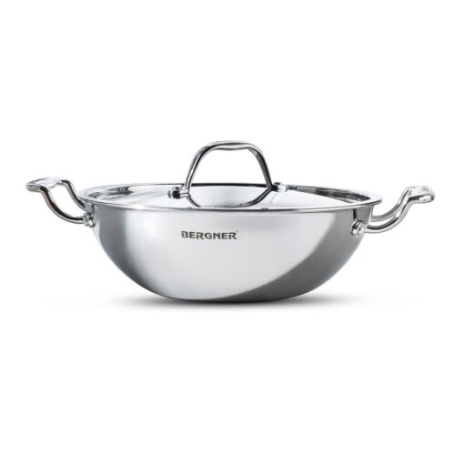 Bergner Argent Tri Ply Stainless Steel Kadai With Lid, 18cm, 1.3 Ltr- Free Shipp - Picture 1 of 7