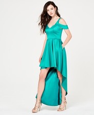 $250 Sequin Hearts Juniors' Green Satin V-Neck Cold-Shoulder Formal Dress Size 3